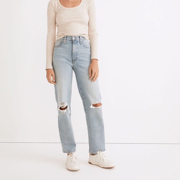 MADEWELL The Perfect Vintage Straight Jean in Danby Wash: Knee-Rip Edition 24 - Picture 1 of 9